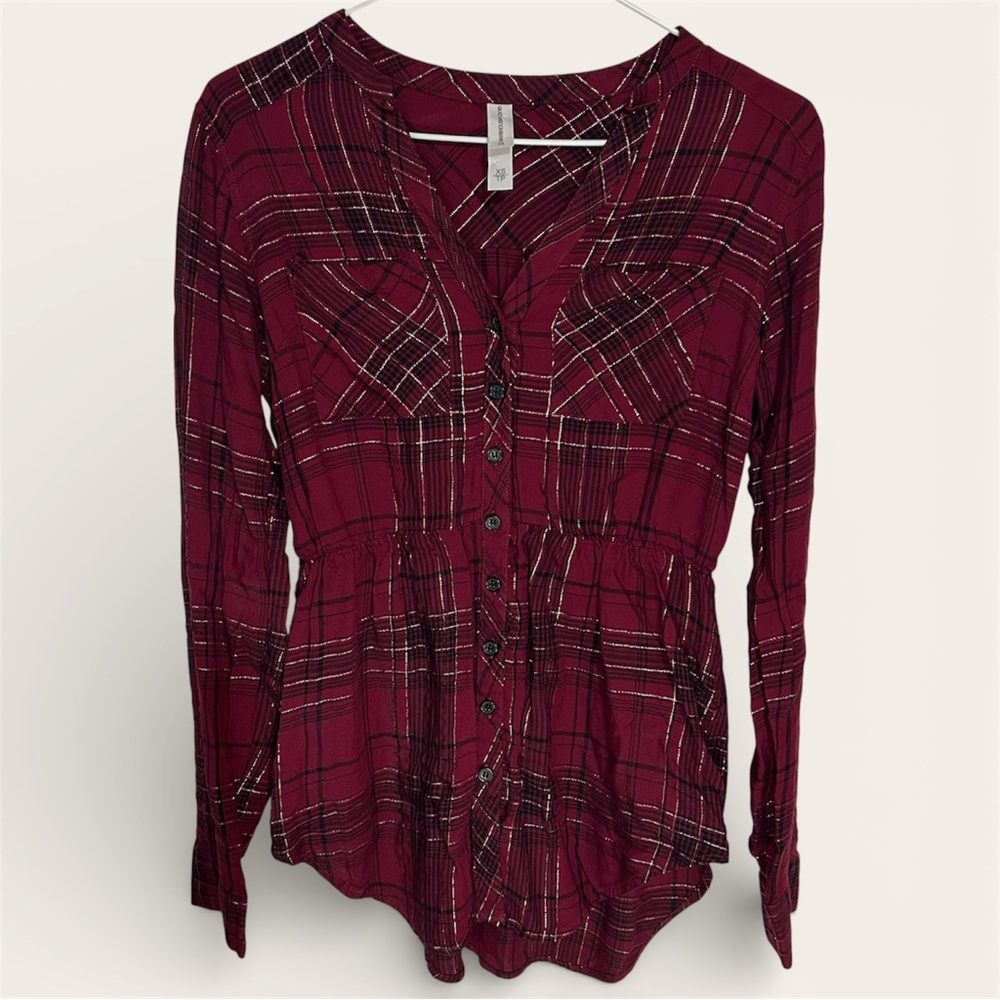 Warehouse One Burgundy & Metallic Plaid Long Sleeve Button Up Blouse - Size XS